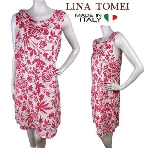 LINA TOMEI Italy Linen Coral Floral Dress Scoop Neck Sleeveless Coastal Sz Large